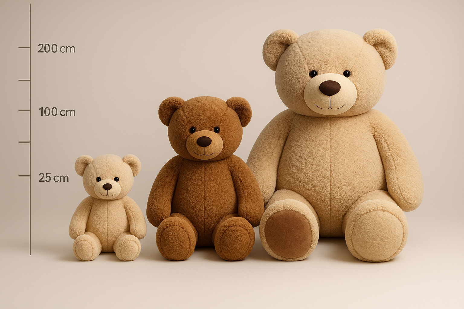 Größenvergleich verschiedener Teddybären von 25cm bis 200cm