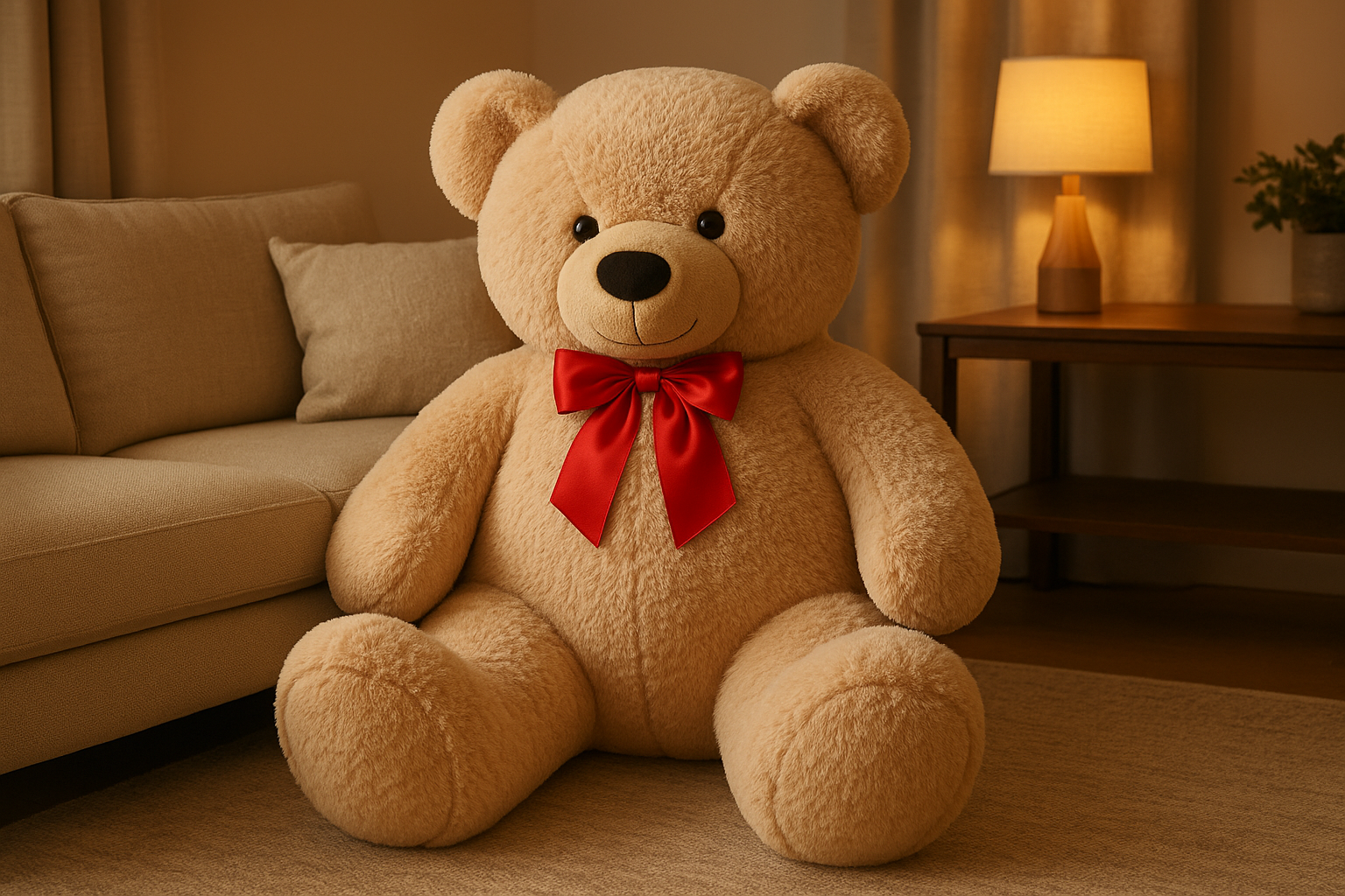 XXL Teddybär in beiger Farbe im gemütlichen Wohnzimmer