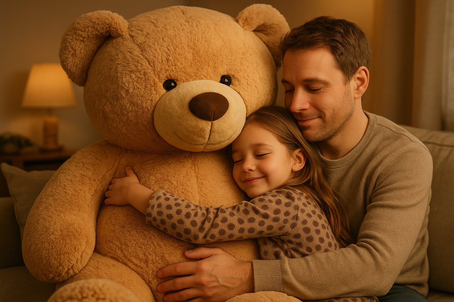 Familie kuschelt mit XXL Teddybär - Geborgenheit und Liebe