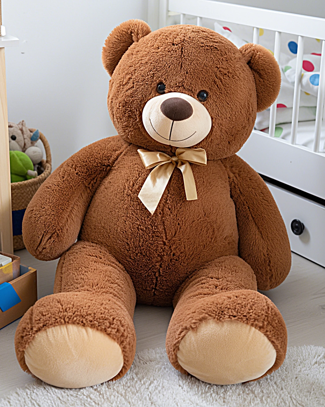 Ein riesiger brauner Teddybär mit einer Geschenkschleife in einem hellen Kinderzimmer