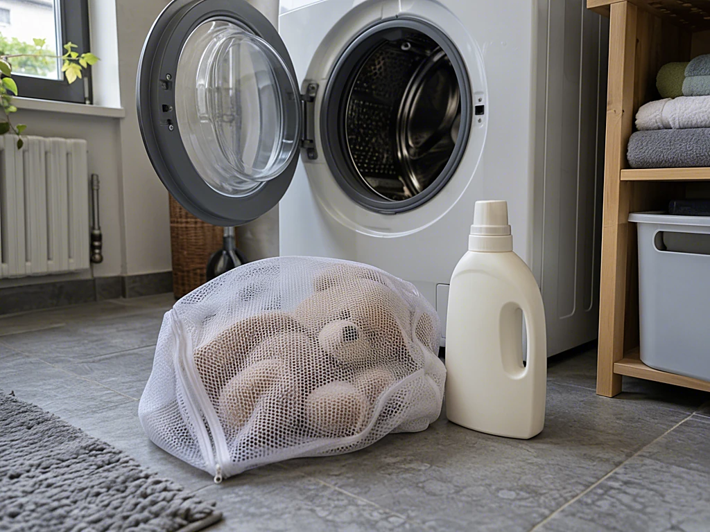 Kuscheltier in einem weißen Wäschenetz vor der offenen Trommel einer Waschmaschine, daneben Feinwaschmittel