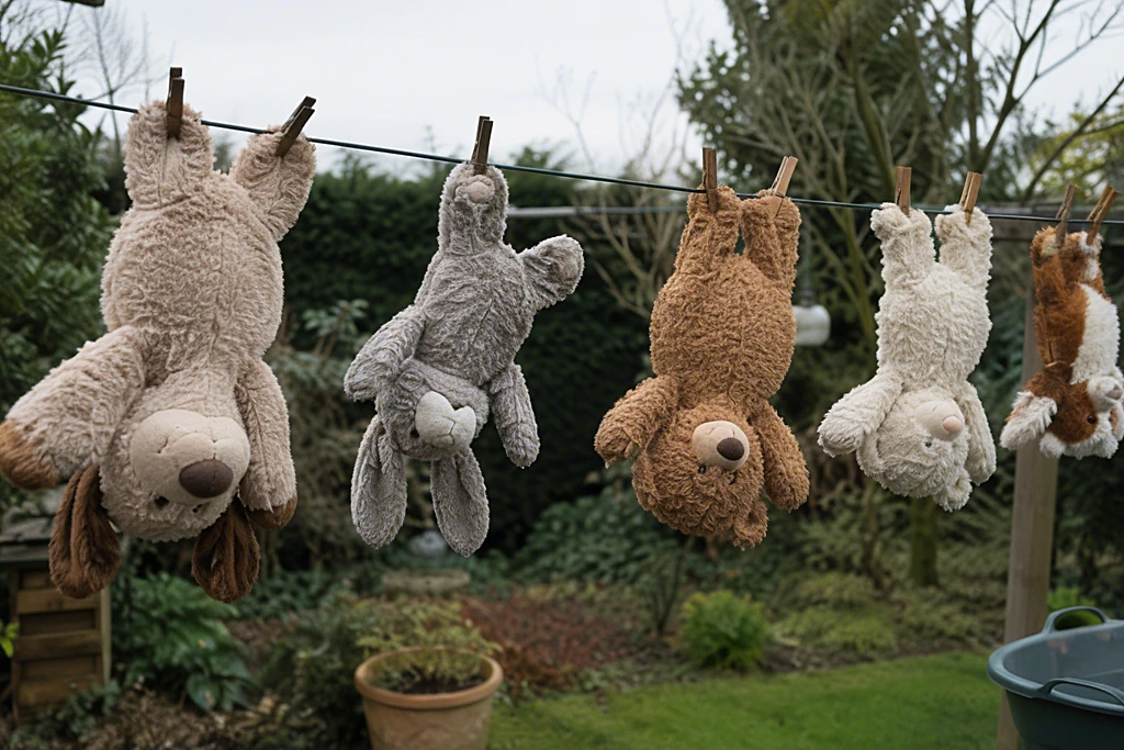 Mehrere Kuscheltiere hängen zum Trocknen an einer Wäscheleine im Garten