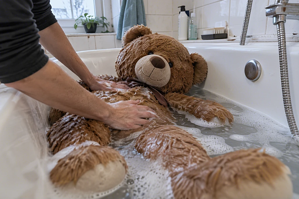 Großer Teddybär liegt in einer Badewanne mit Wasser, zwei Hände drücken das Fell durch