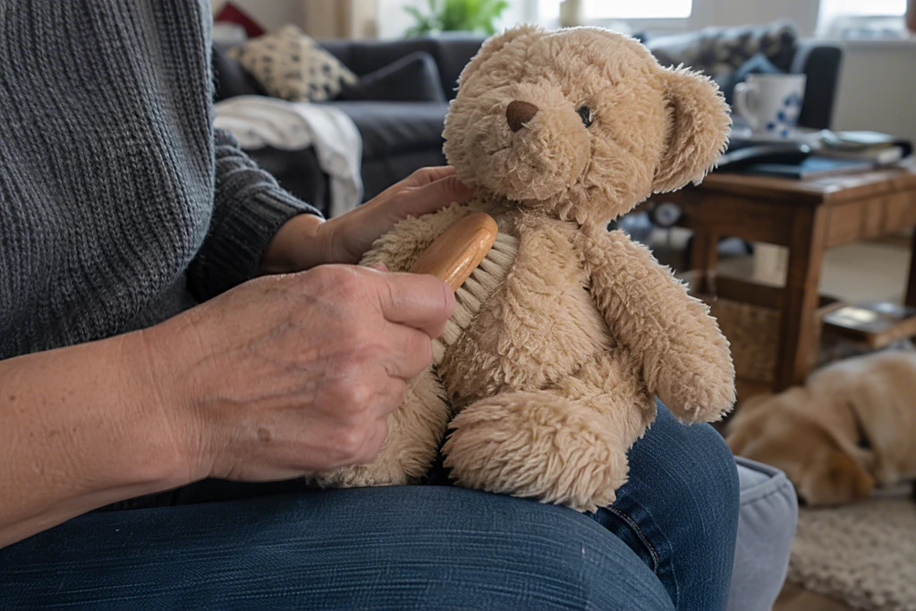 Hände bürsten mit einer weichen Bürste das Fell eines Teddybären auf